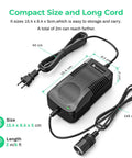 Portable 180W Car AC To DC Converter With 12V Cigarette Lighter Output, dimensions and cord length shown on white background.