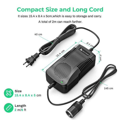 Portable 180W Car AC To DC Converter With 12V Cigarette Lighter Output, dimensions and cord length shown on white background.