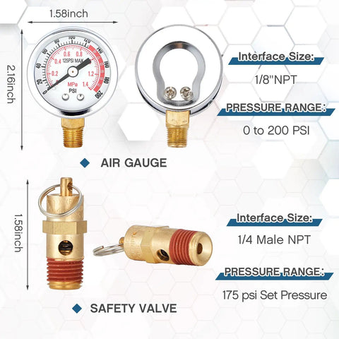 Go To Air Compressor Pressure Switch Kit 26 Amp 120/240 Volt With 120 155 PSI Setting, 0-200 PSI gauge and 1/4 NPT safety valve