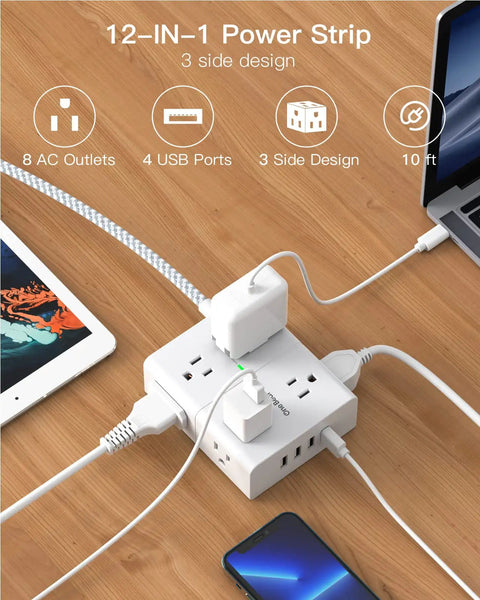 10 Ft Heavy Duty Braided Extension Cord With Surge Protector Power Strip, 8 Outlets And 4 USB Ports on wooden desk