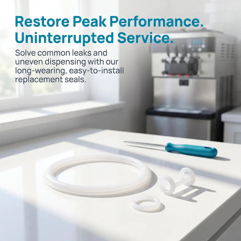 Silicone Ice Cream Maker Seal Ring Replacement Gasket For Cone Machines With Tight Seal And Broad Compatibility H Shaped And O Shaped Repair Parts Drip Free Preventing Leaks And Keeping Your Dispensing Smooth. White silicone O-rings on countertop near ice cream machine