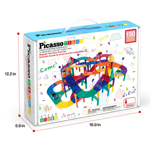 Packaging of 150 Piece Race Car Track Magnetic Tile Building Set for Kids with bridges, ramps, and STEM features shown.