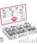 450 Piece Self Tapping Screws Kit Made From 410 Stainless Steel For Fast Strong Mounts In Metal Plastic And Wood With Lengths From One Half Inch To One And One Quarter Inch In A Rust Resistant Silver Finish in an organized storage case