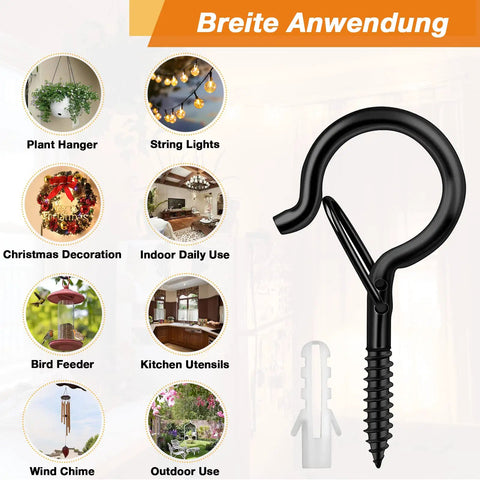 Q-Hanger Screw Hooks For Outdoor String Lights With Safety Buckle, black hook and plastic anchor for versatile decor use