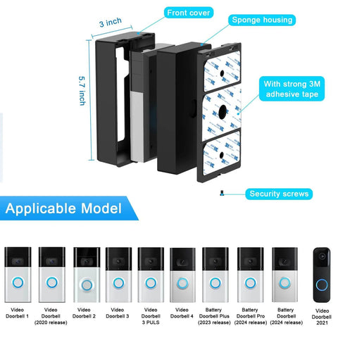 Adhesive Mount For Video Doorbell No Drill Installation, 360 Degree Full Coverage Protection, Hidden Security Screw shown with dimensions and compatible models.