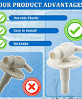 Universal RV Fresh Water Tank Drain Valve Replacement For 3/8 Or 1/2 Inch Hose Barb With Flange shown with installation benefits.