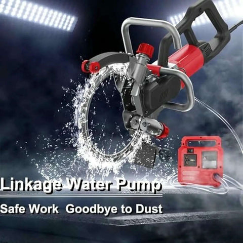 Badass Brushless Ring Saw For Wall Cutting With A Kickass Copper Motor That Slays Reinforced Concrete And Stone, Pumping Out 3000 RPM For Precision Grooving, Running Smooth As Silk For Pros Crushing Heavy Jobs Without Breaking A Sweat. with linkage water pump spraying water.