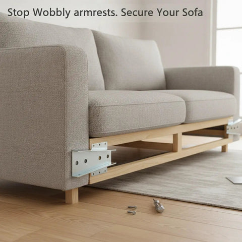 Beefed-Up Heavy-Duty Sofa Armrest Connector Kit With Carbon Steel Snap Buckle Bracket For Loose Arms, furniture hardware shown.