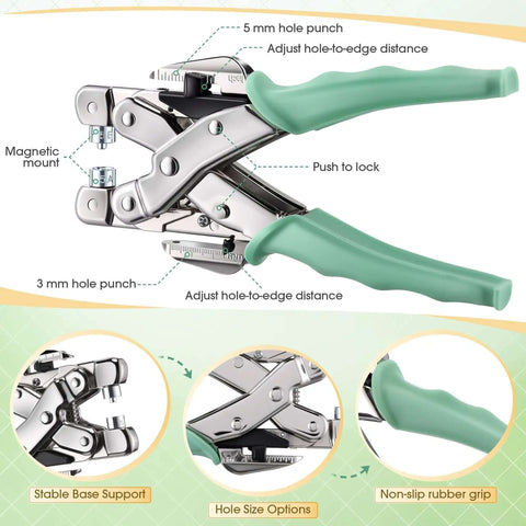 All In One Grommet Eyelet Pliers Kit For 3mm And 5mm Eyelets with green handles and metal body, punch tools visible