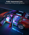 Car interior with RGBIC LED strip lights showing 16 million colors in two line design for custom car decor and mood lighting.