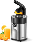 Ditch the Squeeze Work! This Electric Citrus Juicer with a shiny silver body and black accents juices oranges efficiently.