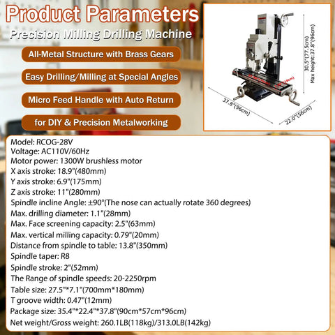 Benchtop Drilling Milling Machine With 1300W Brushless Motor Variable Speed 20 To 2250 RPM specifications and dimensions chart.