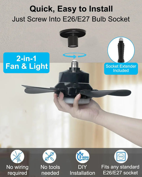 16 Inch Smart Socket Ceiling Fan Light With Remote RGBW E26 Bulb 1800Lm Small Ceiling Fan being installed in socket