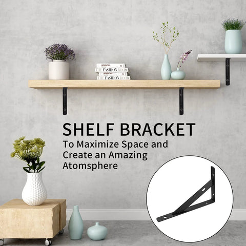 8 Piece L Shaped Metal Shelf Brackets For Wall Mounts Heavy Duty Support in use with wooden shelves in modern living room