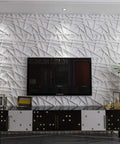 Matte white striped geometric PVC wall panels behind TV in living room, Dope 3D Wall Panels for Interior Decor Matte White Striped Geometric PVC 12 Pack 19.7 by 19.7 Inches 32 Square Feet Waterproof Fire Resistant Lightweight Scratch Resistant Easy DIY Upgrade for Any Room.