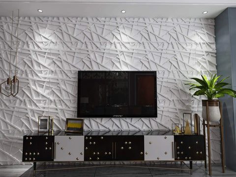Matte white striped geometric PVC wall panels behind TV in living room, Dope 3D Wall Panels for Interior Decor Matte White Striped Geometric PVC 12 Pack 19.7 by 19.7 Inches 32 Square Feet Waterproof Fire Resistant Lightweight Scratch Resistant Easy DIY Upgrade for Any Room.