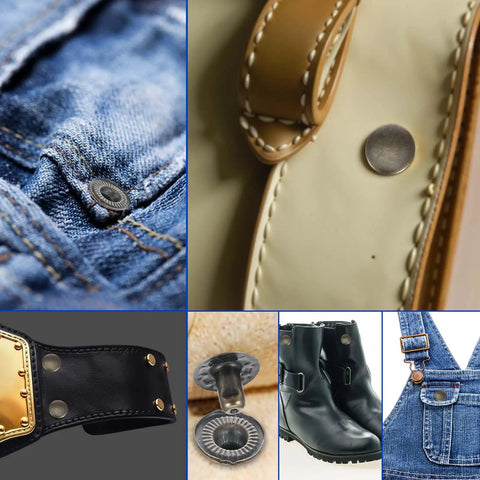 Close-up of 24 Sets Leather Snaps And Fasteners Kit 15mm Metal Snap Button Kit on jeans, leather, and shoes in bronze.