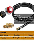 Front view of a 5 ft propane regulator hose with red knob and brass fittings