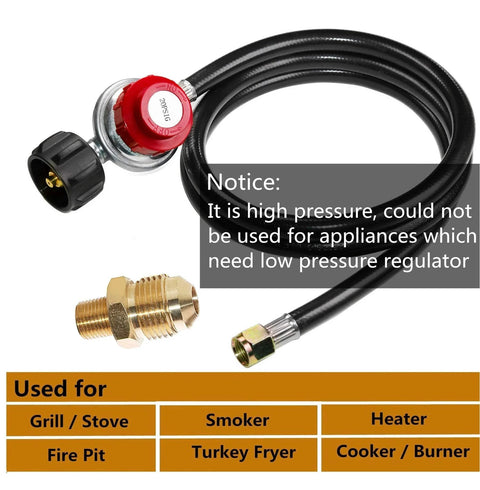 Front view of a 5 ft propane regulator hose with red knob and brass fittings