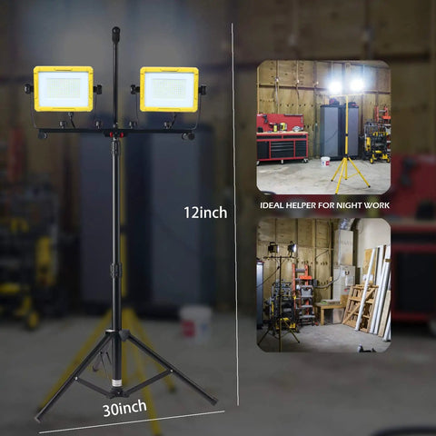 Heavy Duty 20,000 Lumen Twin Head LED Work Light With Metal Telescopic Tripod Stand with dimensions shown in workshop.