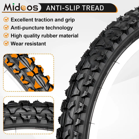 Close-up of Folding 20x2.125 Mountain Bike Tires with anti-slip tread, puncture resistant features for BMX MTB riding.