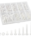 White Nylon Round Head Screw And Nut Bolt Assortment Kit Featuring Top Shelf Corrosion Resistant Fasteners in labeled storage box.