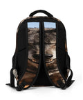 Back view of Desert Amber Eyed Wolf Print Backpack showing adjustable straps and durable polyester