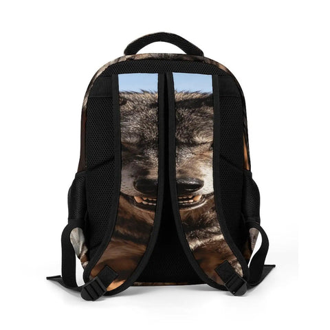 Back view of Desert Amber Eyed Wolf Print Backpack showing adjustable straps and durable polyester
