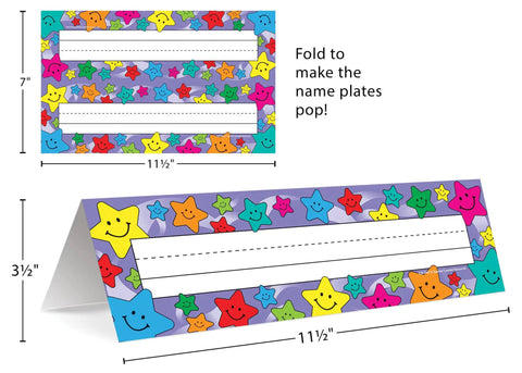 Happy Stars Tented Name Plates For Classrooms 36 Pack Laminated Name Tags Folded To 11.5 By 3.5 Inches with colorful star design