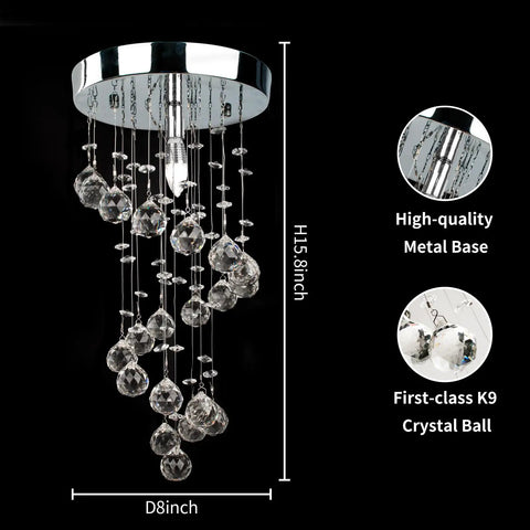 Spiral Crystal Chandelier Flush Mount with Raindrop Crystal Orbs, 8" dia x 15.8" height, crystal string design for bright glam