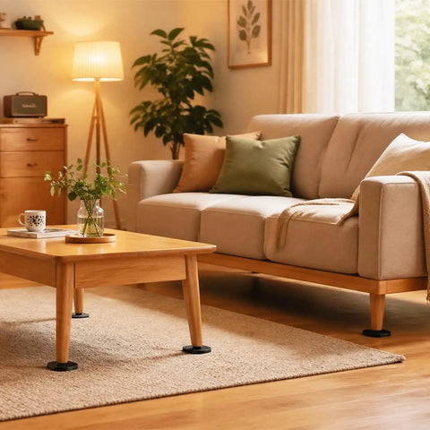 Top Shelf Closed Cell Neoprene Foam Sheets With Adhesive Backing For Kick Butt Shock Absorption And Waterproof Indoor Outdoor Insulation In Classic Black 59x12x1/16 Inch placed under a wooden coffee table in a cozy living room.