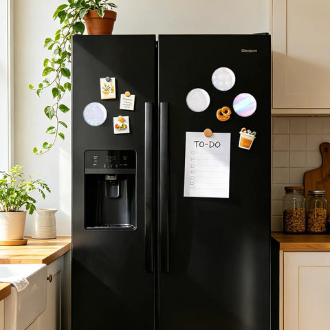 Kitchen fridge with 200 Piece Set For 2.25 Inch 58mm Button Makers Protective Film With Eight Glitter Styles magnets.