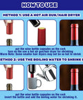 Slick PVC Heat Shrink Wine Capsules Paired With Wooden T Shape Stoppers show usage methods with bottles and hot air dryer.