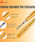 Top Notch 20 AWG Gold Plated DB9 Pins Sockets With Crimp Terminals And Pin Removal Tool For DRK-D Sub Connectors, showing stainless steel pin extractor and aluminum handle.