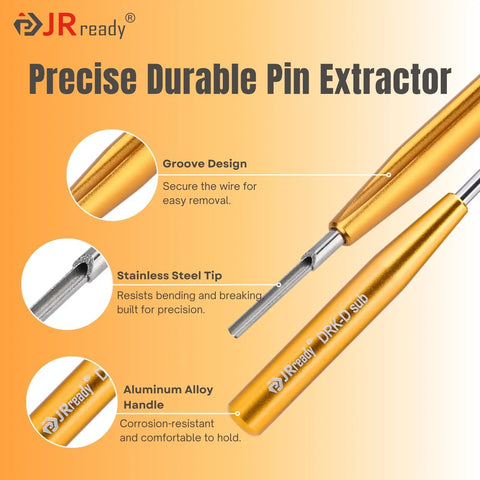 Top Notch 20 AWG Gold Plated DB9 Pins Sockets With Crimp Terminals And Pin Removal Tool For DRK-D Sub Connectors, showing stainless steel pin extractor and aluminum handle.