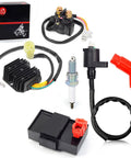 FourTrax 300 CDI Box Ignition Coil Kit With Spark Plug Plug And Play Voltage Regulator Rectifier And Relay For TRX300 TRX300FW 1994 1995 1996 1997 Replacement Part 30410 HM5 505 with ignition components visible