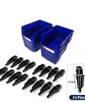 Blue Storage Organizer Bins 6 Pack For Workshop And Office Wall Mount And Stackable Tool Bins with 24 black storage clips