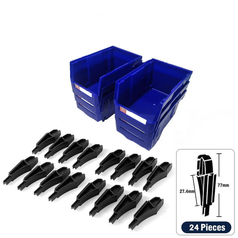 Blue Storage Organizer Bins 6 Pack For Workshop And Office Wall Mount And Stackable Tool Bins with 24 black storage clips