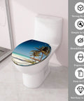 Round Resin Toilet Seat Decked Out In Tropical Beach Thatched Roof Art Soft Close Quick Release Hinges No Drama Quick Install For American Standard Toilets on white toilet.
