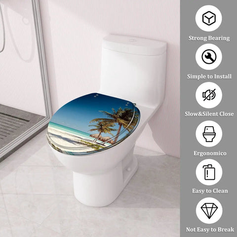 Round Resin Toilet Seat Decked Out In Tropical Beach Thatched Roof Art Soft Close Quick Release Hinges No Drama Quick Install For American Standard Toilets on white toilet.