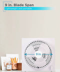 Frameless 9 Inch Desk Fan with Freestanding Design 3 Speed Settings Portable Cooling for Home Office or Garage Slim White Box Fan