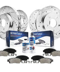 10 Piece Drilled And Slotted Brake Kit With Ceramic Pads For Toyota Highlander Sienna Lexus RX350 RX450H Featuring 12.91 Front Rotors And 12.17 Rear Rotors For Street Ready Stopping Power And Everyday City Highway Driving, product display with rotors, pads, and cleaning kit.