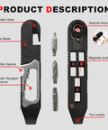 All In One Bike Repair Kit With 14 In 1 Tools, Portable Multitool showing ratchet wrench, tire levers, and file blade for MTB and road bikes