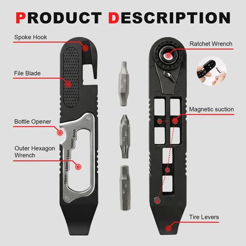 All In One Bike Repair Kit With 14 In 1 Tools, Portable Multitool showing ratchet wrench, tire levers, and file blade for MTB and road bikes