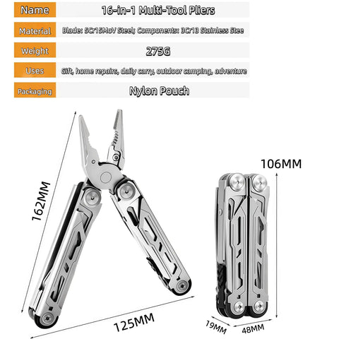 All In One 16 In 1 Multitool Pliers with Spring Loaded Pliers, knife, scissors, saw, screwdriver for camping and repairs