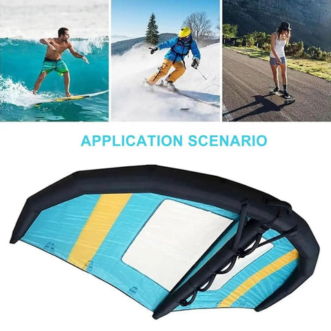 Inflatable Foil Wing For Wind Wing Foiling, 5m2 Handheld Wing With Window Design, Dope Portable Kitesurfing Gear Includes Backpack, Surf Leash, Repair Kit, Yellow Color For Easy Learning shown with applications in surfing, skiing, and skateboarding.