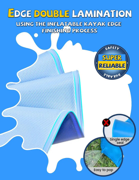 Non Slip Splash Pad For Kids And Dogs Thickened Edges Sprinkler Pool Summer Outdoor Water Toy Backyard Fun Time Play Mat For Babies Boys Girls Or Pets 107 Inch Blue showing double-laminated edges.