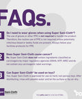 FAQ about Super Sani-Cloth, including glove use, cancer ingredients, and toy usage instructions.
