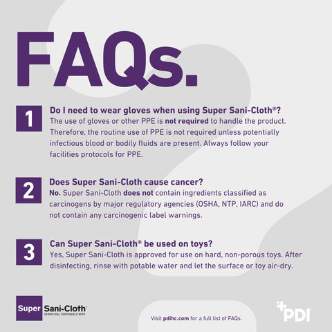 FAQ about Super Sani-Cloth, including glove use, cancer ingredients, and toy usage instructions.