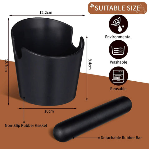 Black silicone Espresso Knock Box And Tamper Mat Set For Baristas With Removable Knock Bar and non-slip base dimensions.